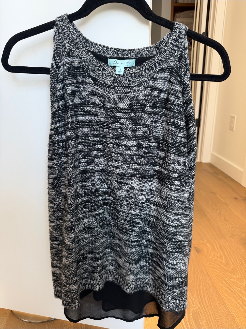 She and Sky Black and White Marled Knit Sleeveless Sweater Tank